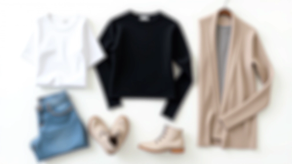 Základní kousky oblečení vystavené na bílém pozadí — trička, svetr, kalhoty, boty