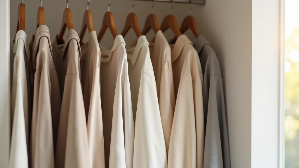Minimalistický šatník s neutrálními barvami a kvalitním oblečením, organizovaně seřazené na věšácích