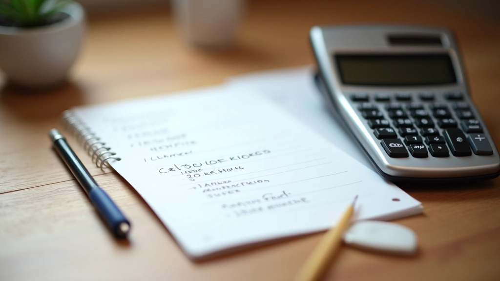 Grafika s výpočtem ceny za nošení, kalkulačka a poznámkový blok s čísly