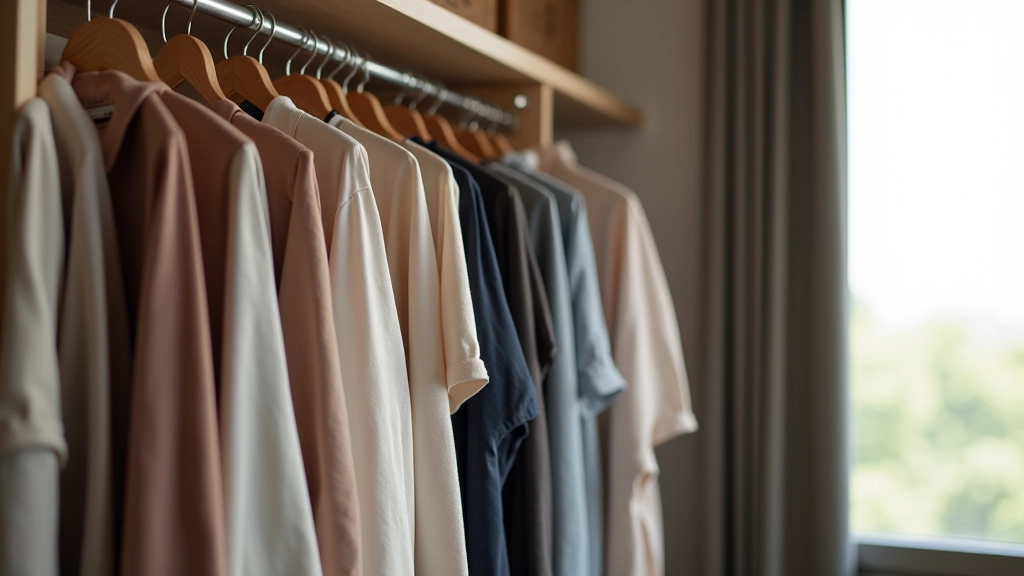 Různé kusy kvalitního oblečení seřazené na polici nebo věšáku, ukazující kapsulový šatník