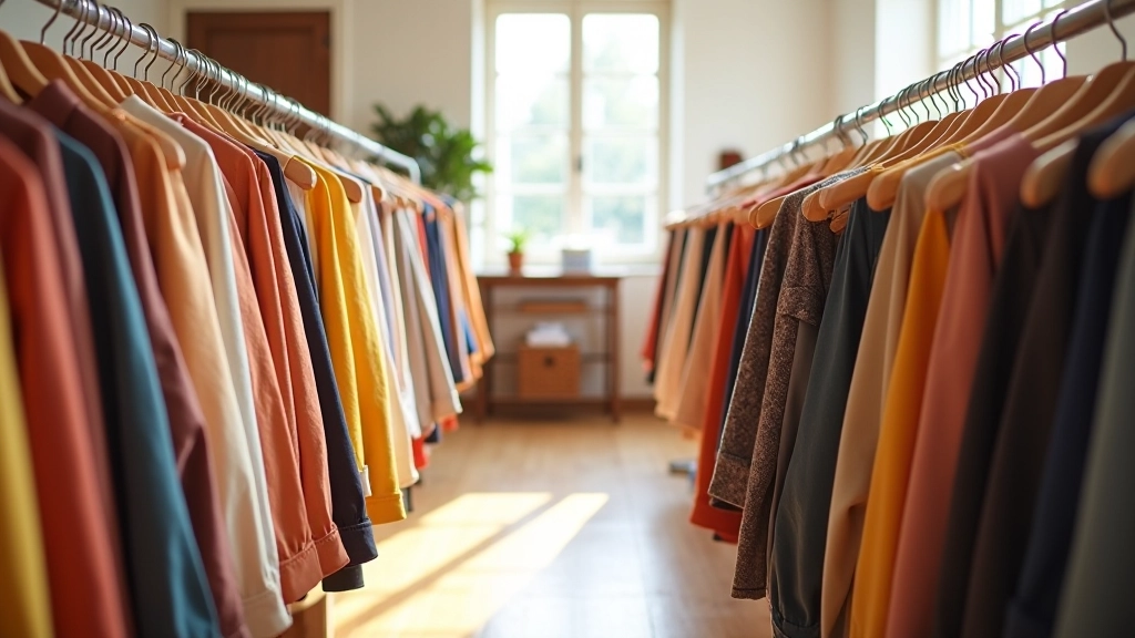 Interier stylového second-hand obchodu s věšáky barevného oblečení a jasným osvětlením