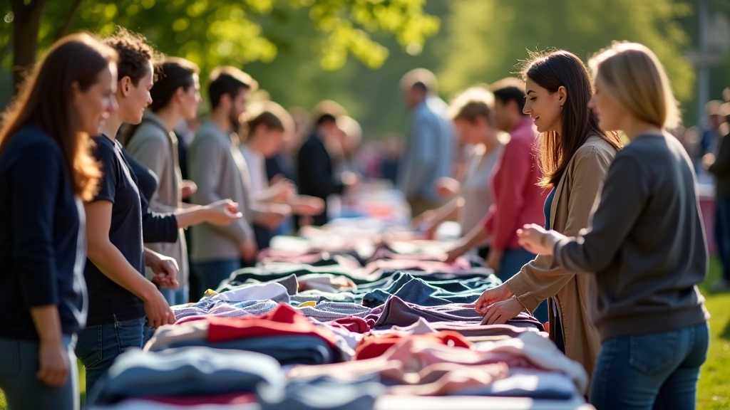 Skupinka lidí na venkovní burze oblečení s rozloženými kousky na trávě