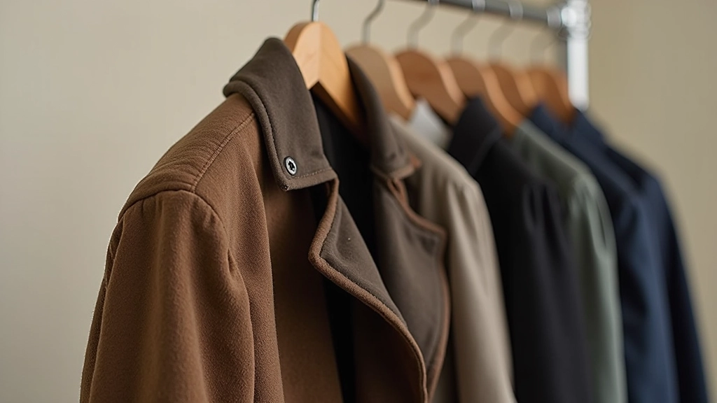 Detailní fotografie kvalitního vintage kabátu na elegantním věšáku s textilním pozadím