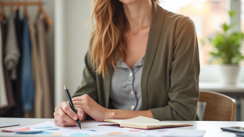 Žena plánuje svůj šatník s pomocí poznámkového bloku a barevných nástrojů