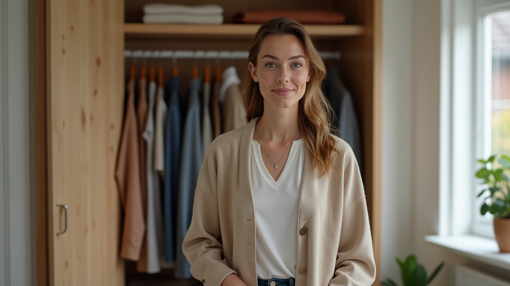 Žena organizuje oblečení v minimalistickém šatníku s neatracemi a neutrálními barvami